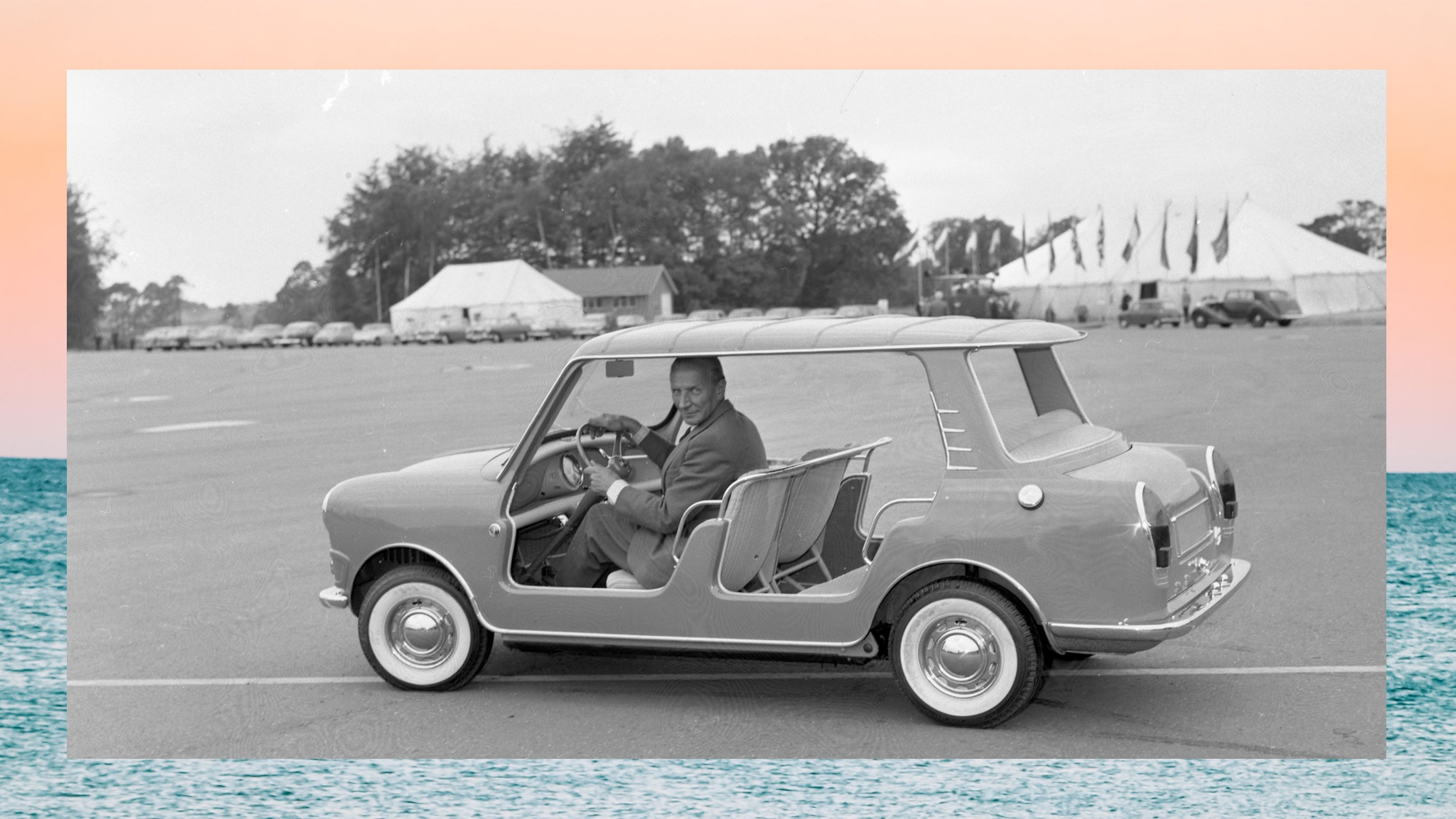 Sir Alec Issigonis driving a Wolseley Hornet or the Riley Elf Beach Car at an event.
